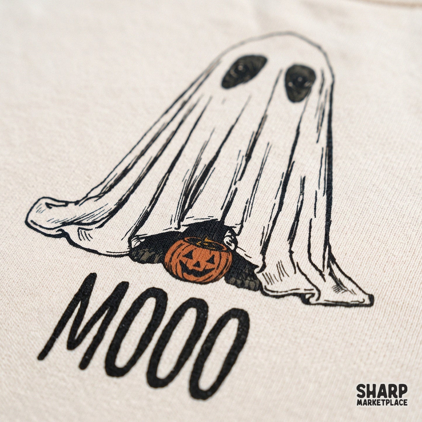 Cute spooky season retro cow png wearing a ghost costume with a pumpkin bucket for sublimation t-shirt designs
