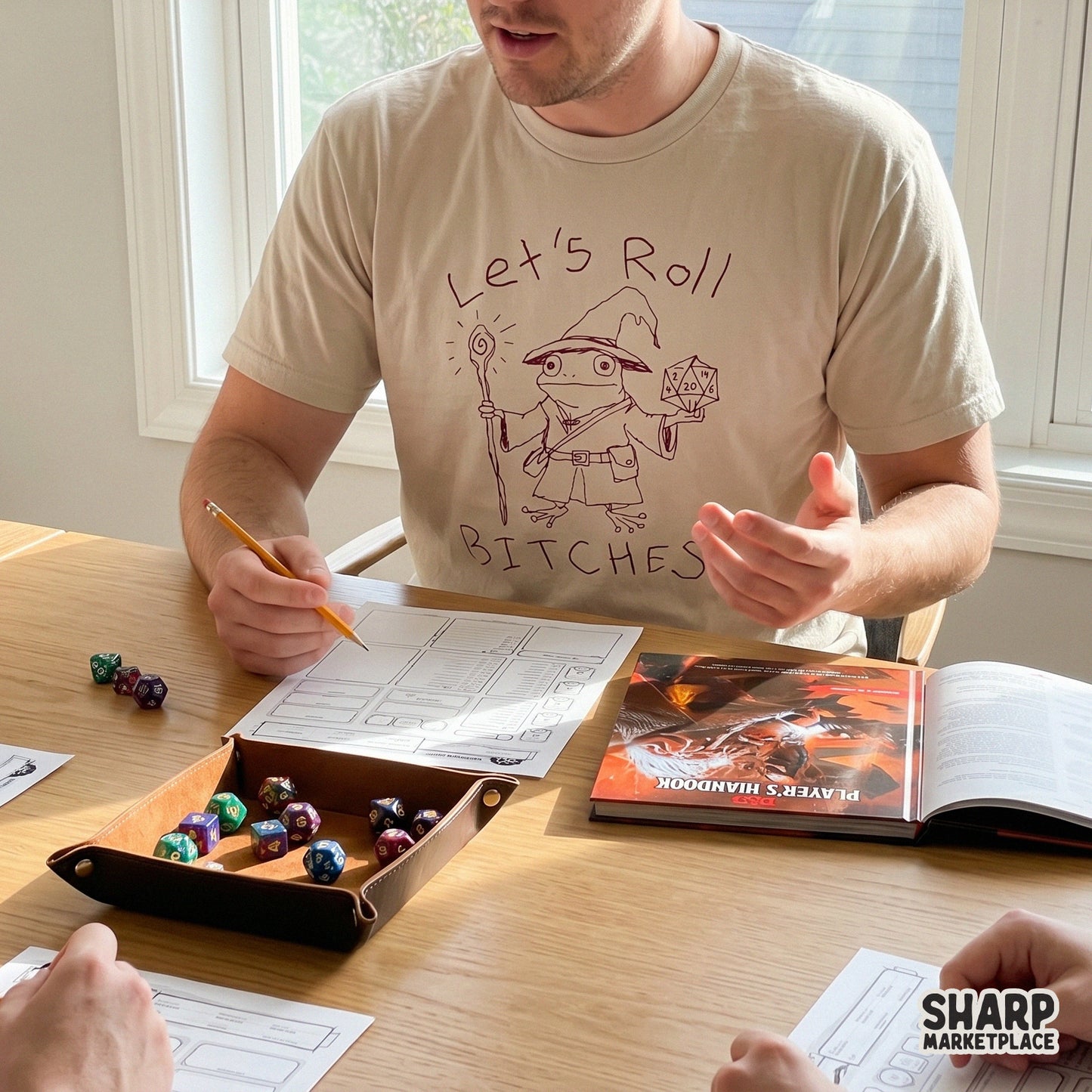 Whimsical wizard frog line art design featuring a sarcastic quote and gaming dice, suitable for custom sublimation, t-shirts, or DIY gamer gifts.