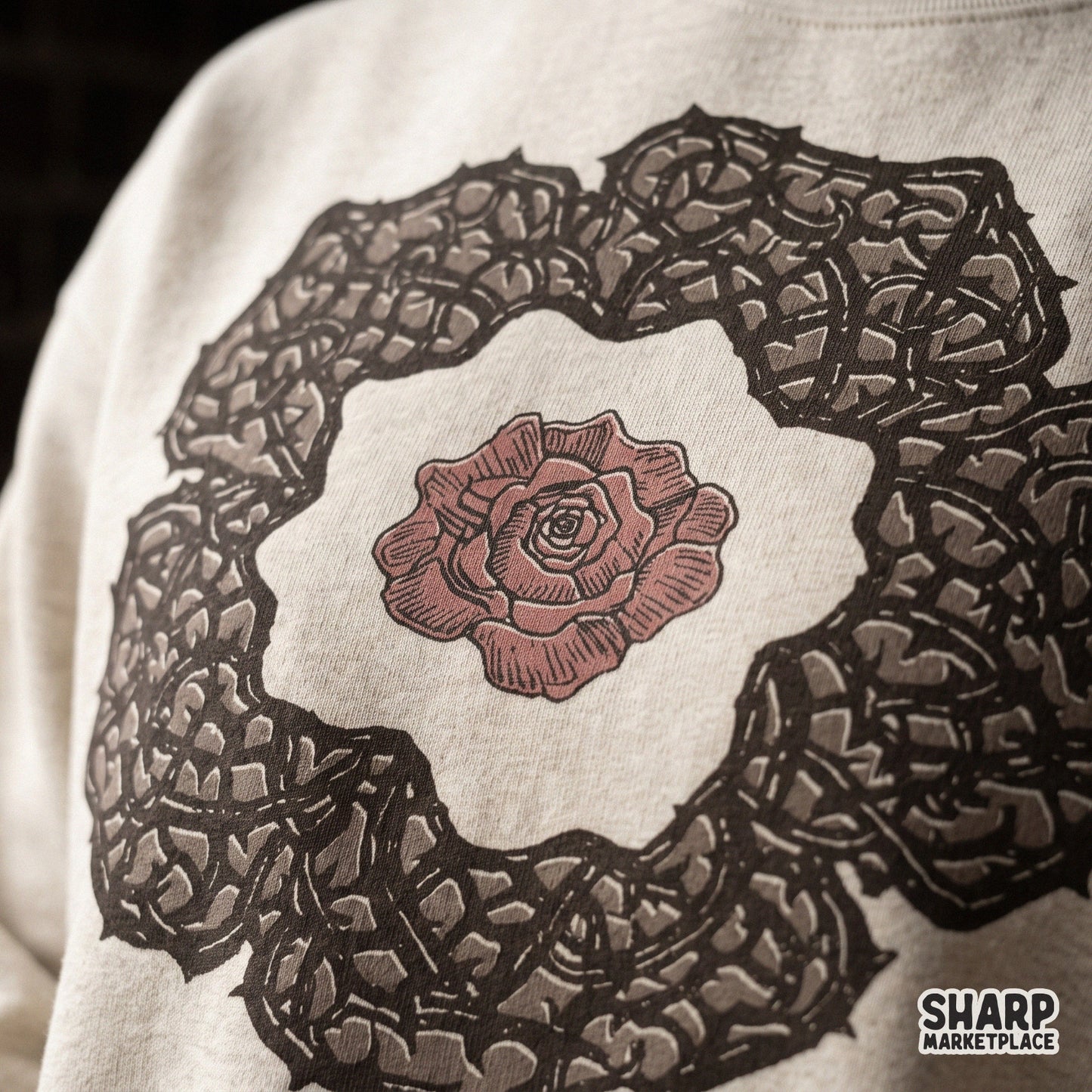 Crown of thorns wreath with a blooming rose retro Christian PNG graphic for sublimation t-shirt designs