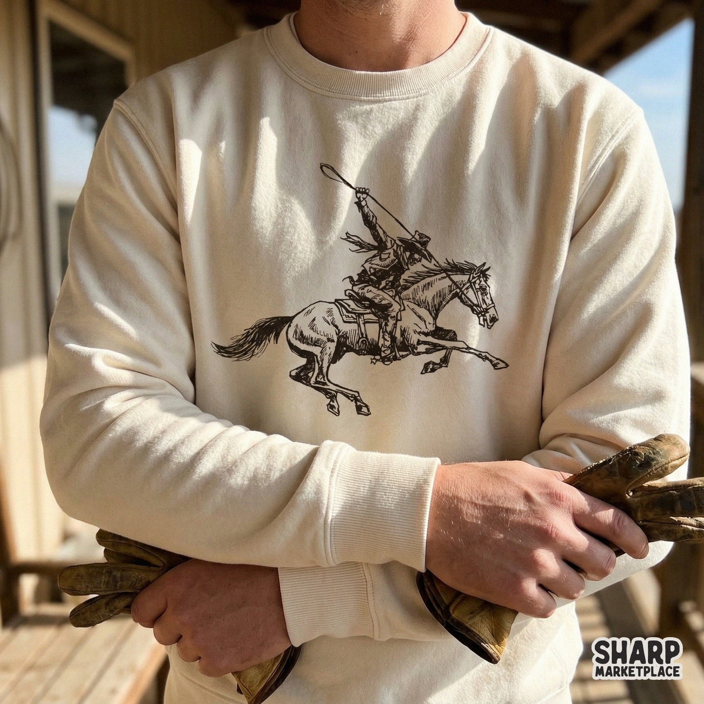 High-resolution vintage western design of a horse and rider in motion, suitable for sublimation transfers and custom graphic tee printing.