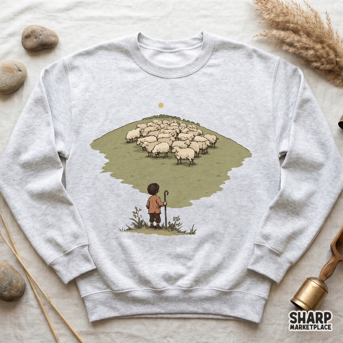 Serene religious scene with a shepherd and flock in muted sage and terracotta tones, designed for custom DIY gifts and inspirational apparel.