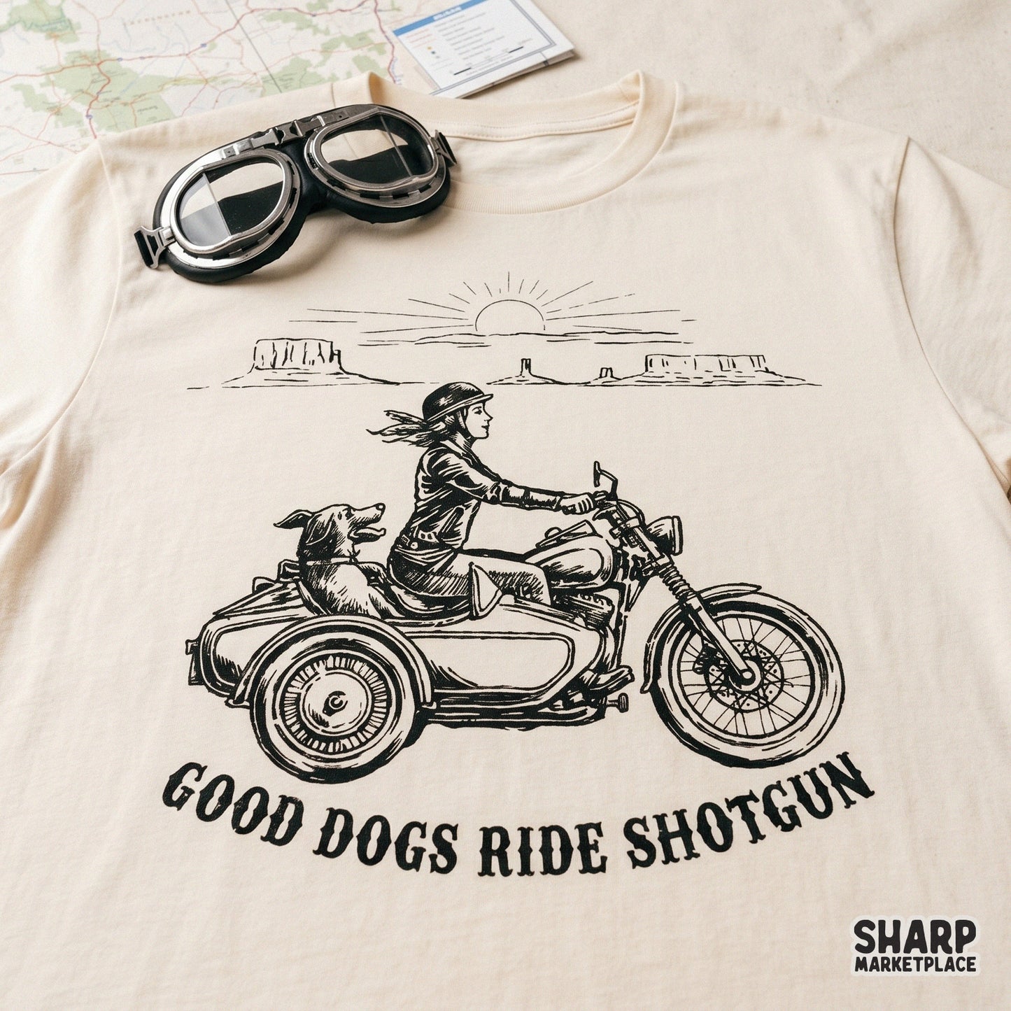 Retro western style graphic featuring a dog riding in a motorcycle sidecar, ideal for creating funny dog lover shirts, stickers, or custom tumblers.