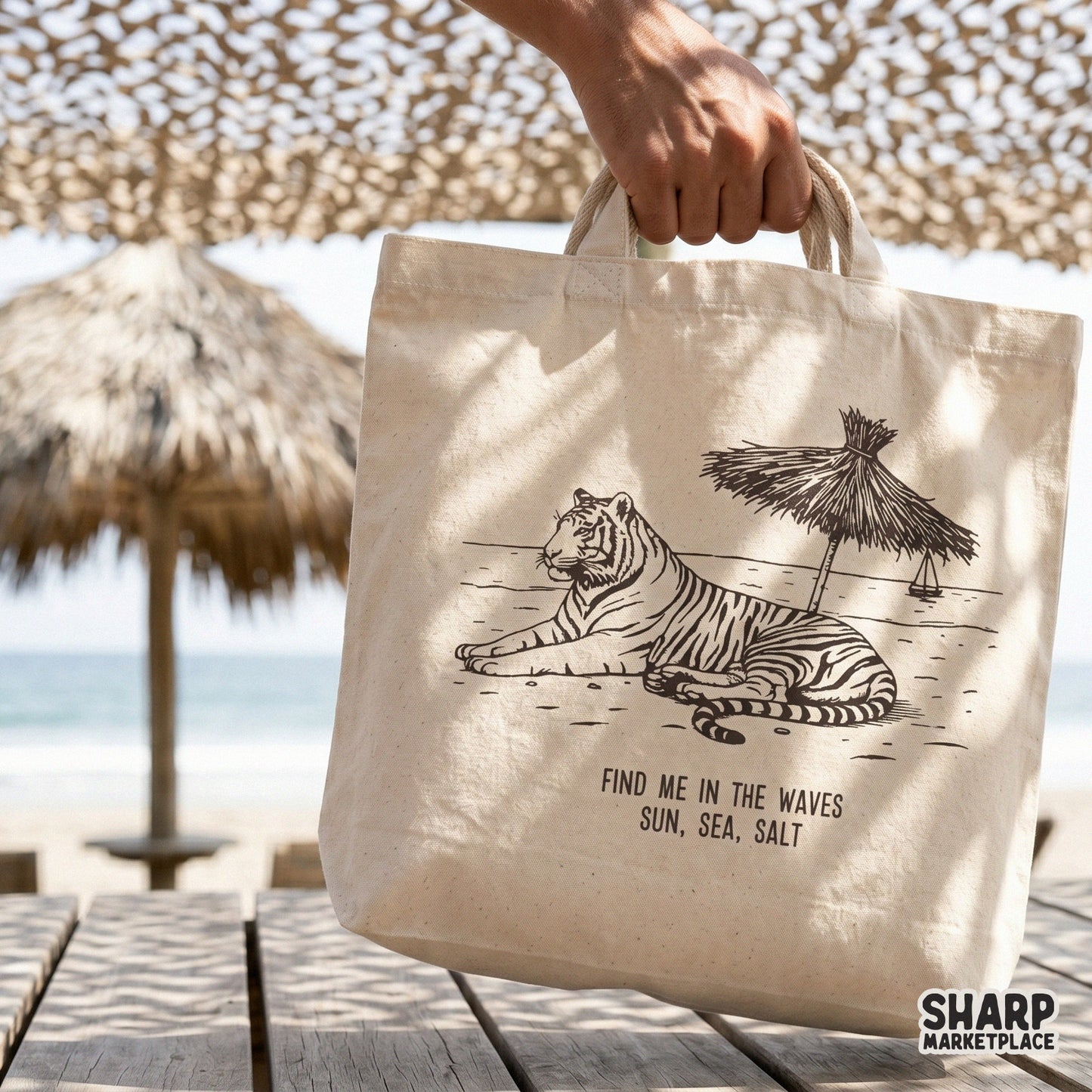 Vintage summer tiger on beach aesthetic design for trendy shirt graphic and beach vibe t-shirts