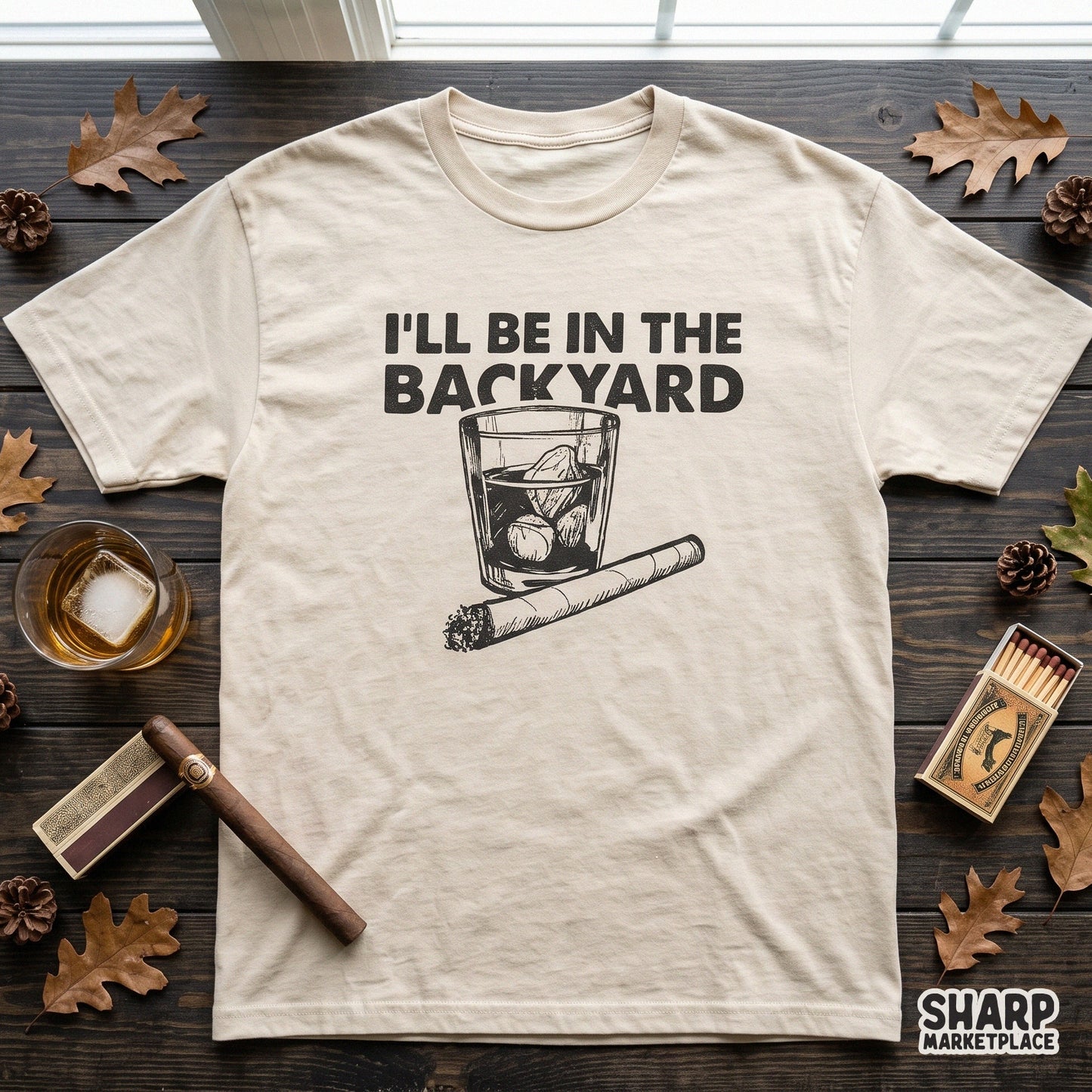 Retro whiskey glass and cigar sketch PNG with sarcastic backyard drinking humor for funny Father's Day shirts