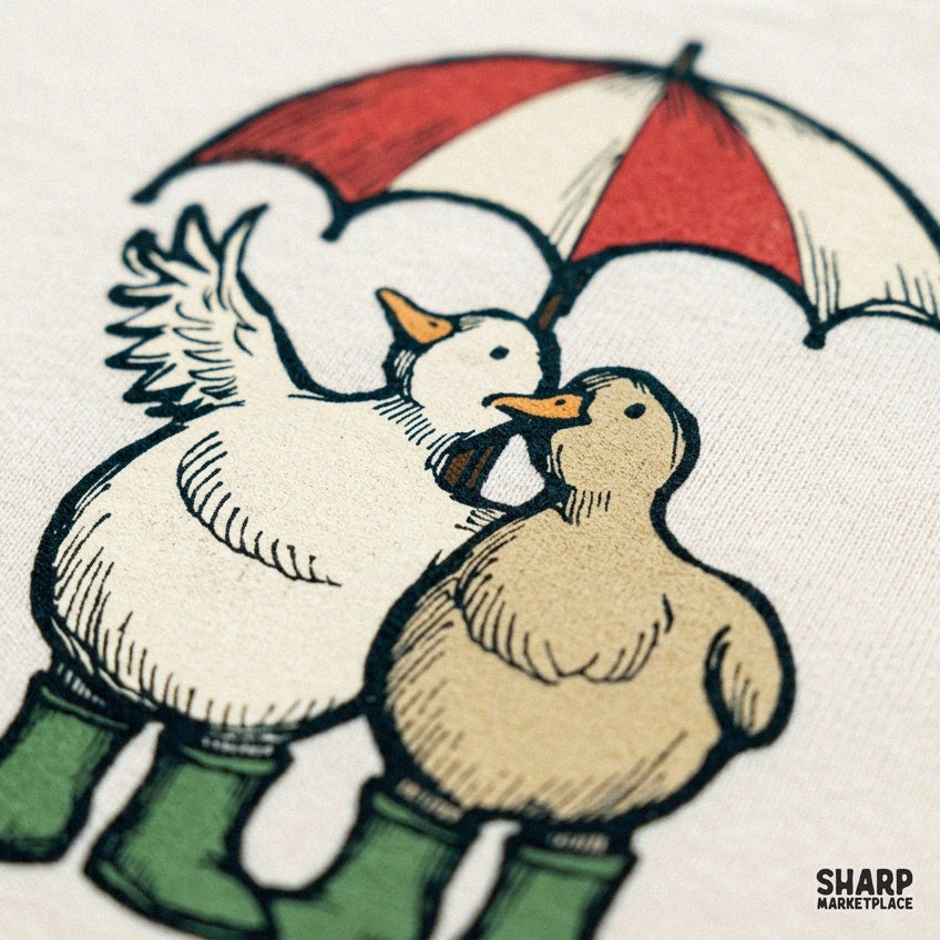 Two cute ducks standing under an umbrella in green rainboots retro spring showers PNG sublimation design
