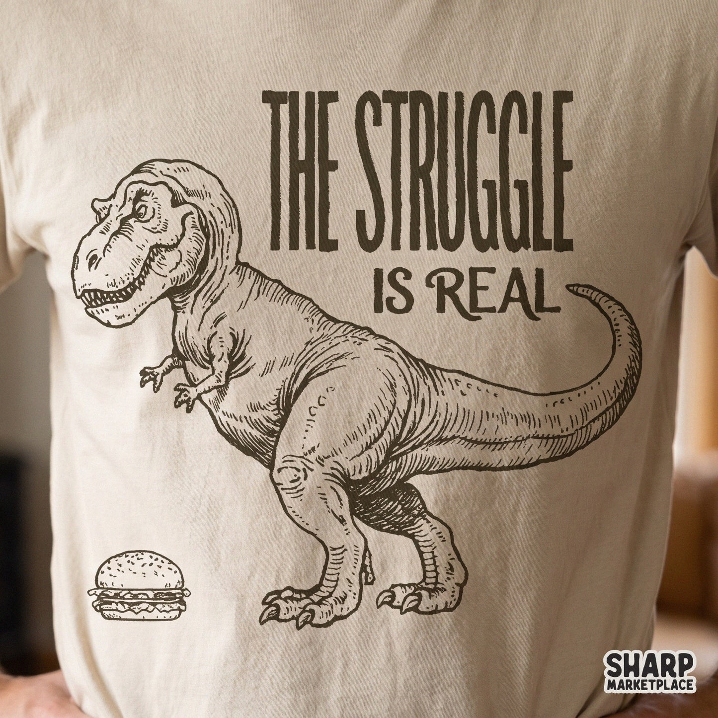 Funny T-Rex dinosaur trying to eat a burger meme in a retro style for trendy sublimation shirts and funny png designs