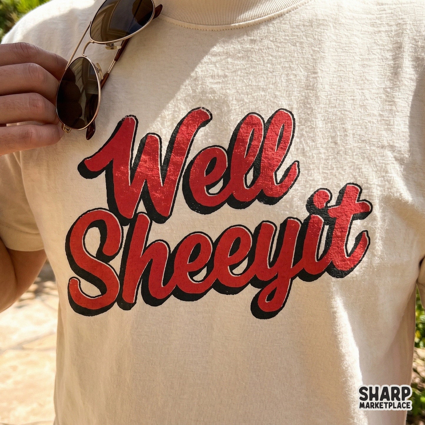 Vintage-inspired Well Sheeyit lettering in red with a dark drop shadow, suitable for sarcastic country-themed digital designs and custom merchandise.