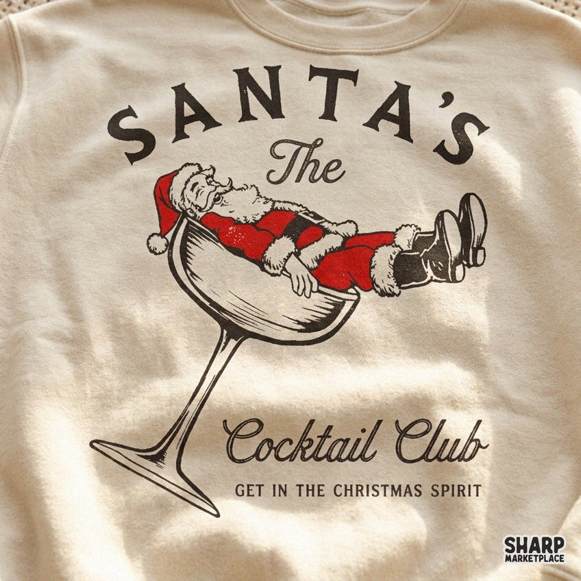 Retro Santa in a cocktail glass PNG graphic for funny Christmas shirts and holiday party apparel