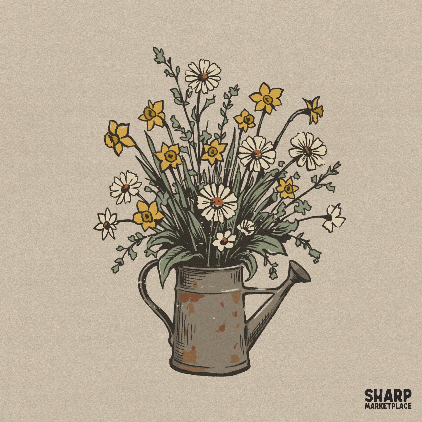 Vintage floral rusty watering can with daisy bouquet PNG for garden lover sublimation and Mother's Day shirt designs