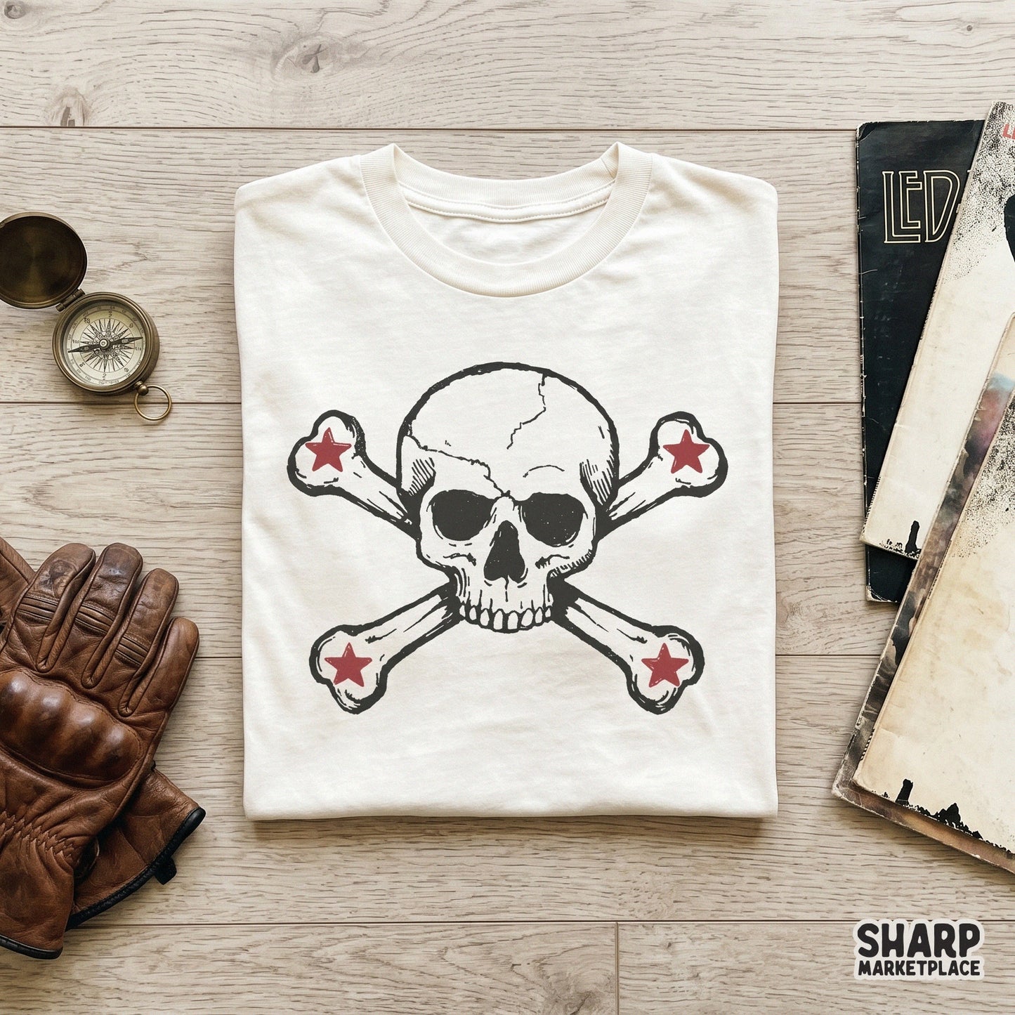 Vintage skull and crossbones with red star bones punk rock art sublimation design for Halloween shirts