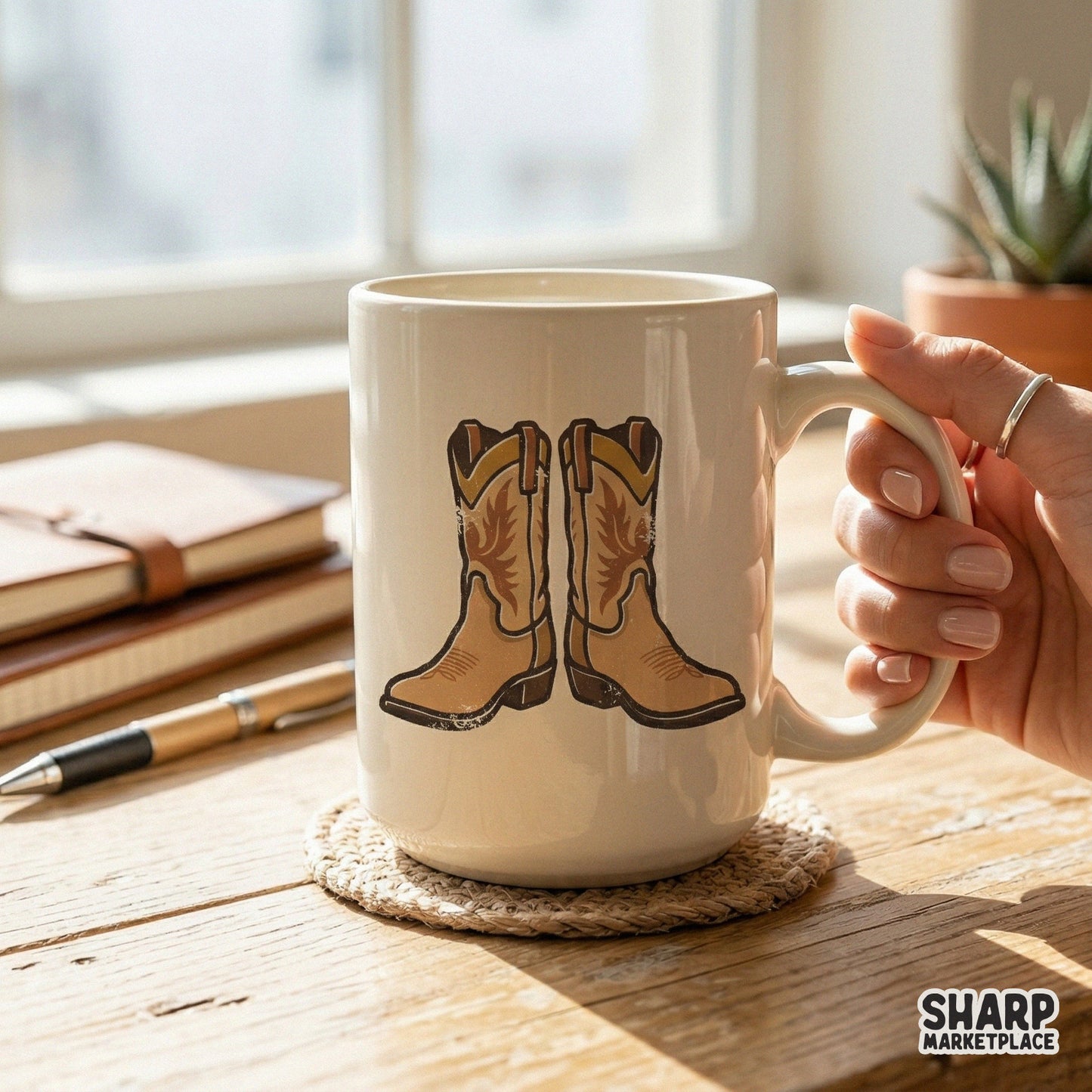 Weathered cowboy boots digital art featuring a warm color palette, suitable for creating custom tumblers, western apparel, and printable wall art.