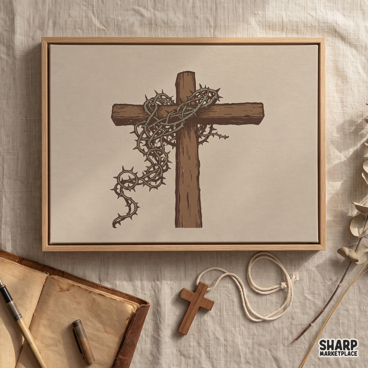 Wooden cross wrapped in thorny vines retro Christian Easter PNG design for t-shirts and faith apparel