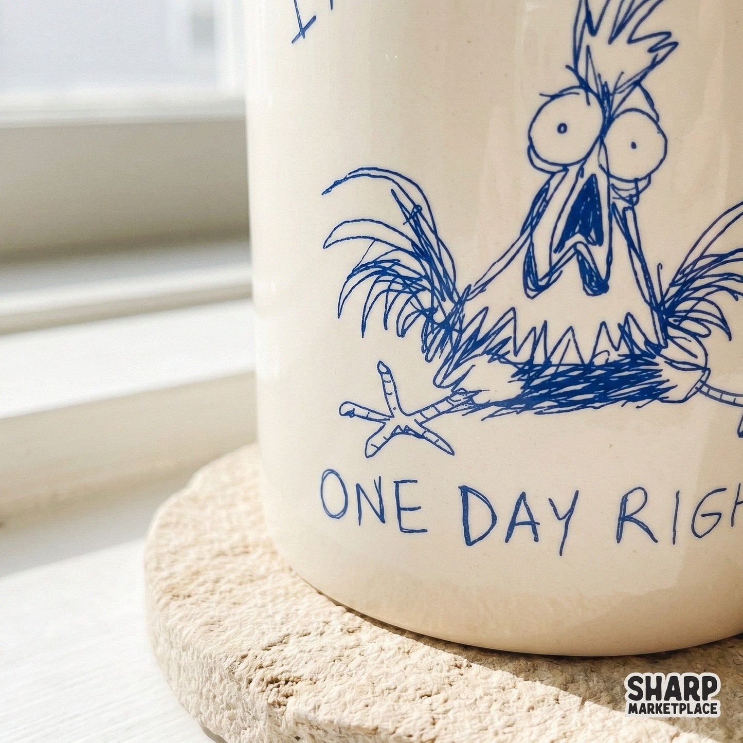 Trendy blue doodle design of an angry chicken with the quote Y'all Realize I'm Gonna Snap One Day Right? for DIY apparel and sarcastic print projects.
