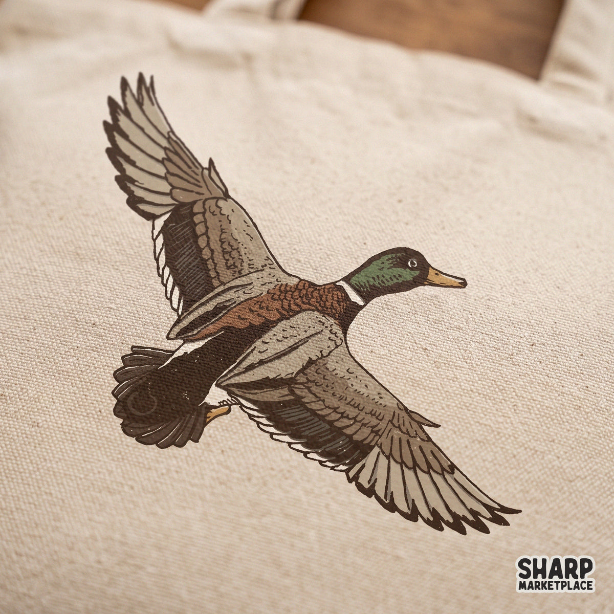 Detailed illustration of a flying mallard duck for duck hunting apparel, camping gear, and outdoor sublimation designs