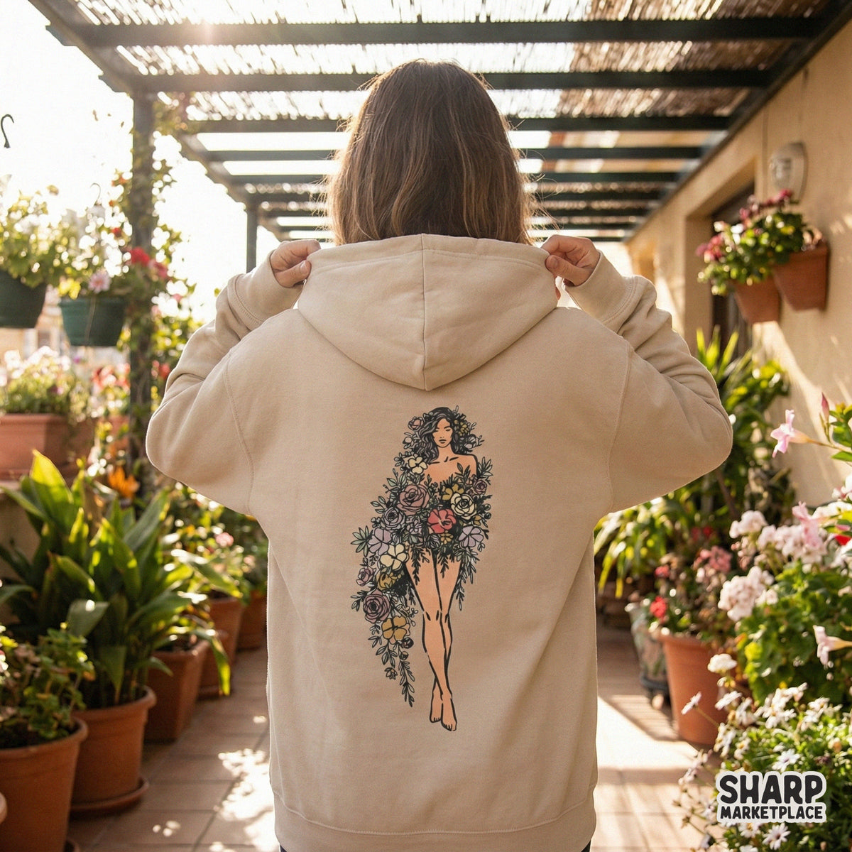 Feminine floral graphic design featuring a woman adorned with hand-drawn garden flowers, ideal for DTG printing, stickers, and decorative wall art.