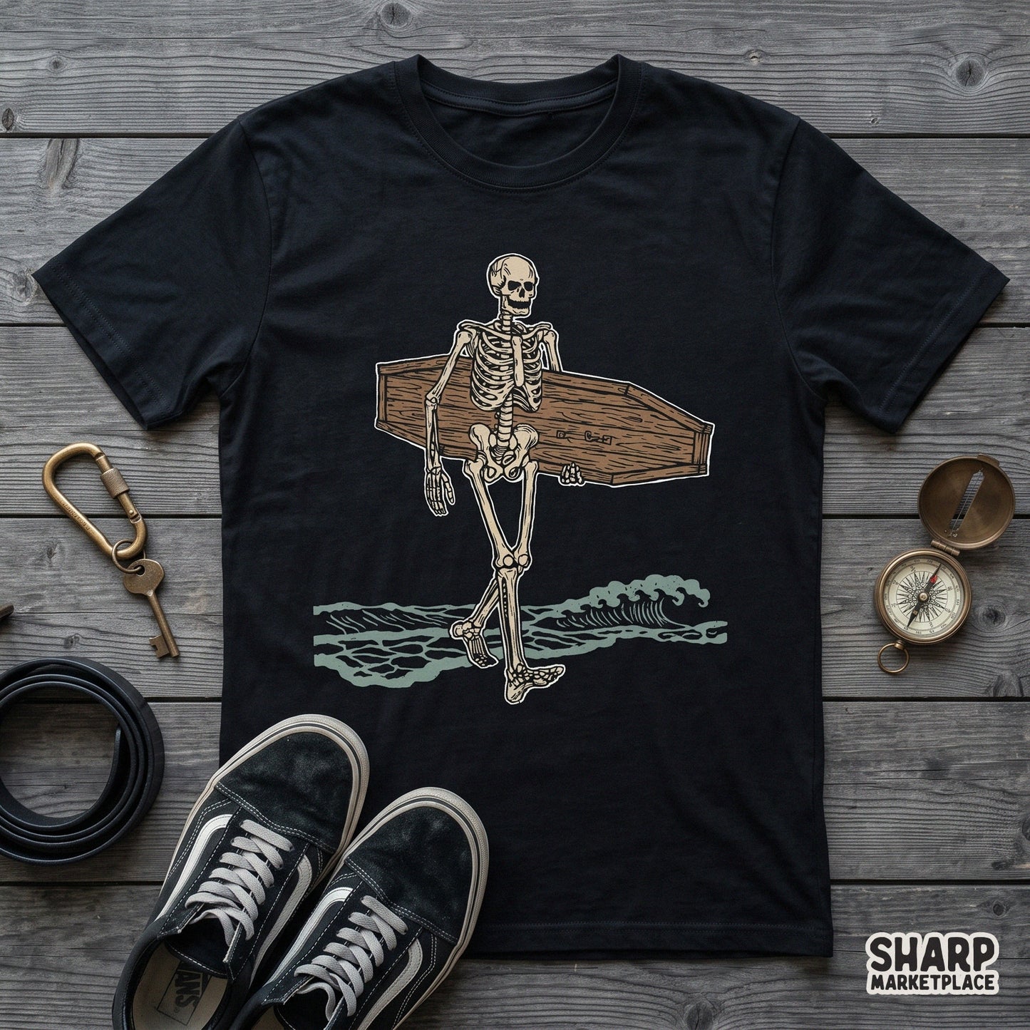 Vintage skeleton carrying a coffin surfboard on the beach, funny summer horror design for shirt png sublimation