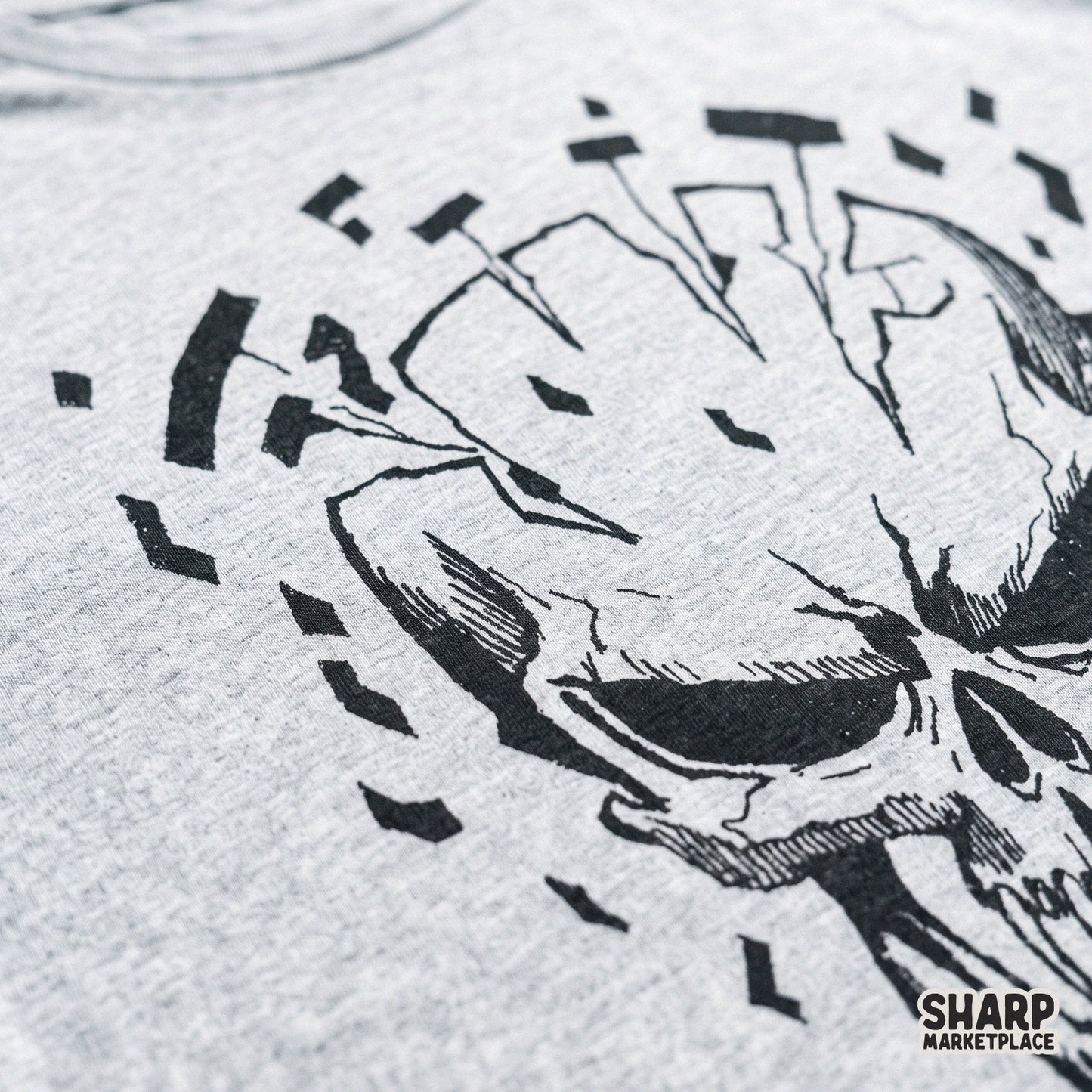 Shattered edgy skull head in a dark grunge aesthetic style for Halloween PNG shirts and spooky retro tattoo designs