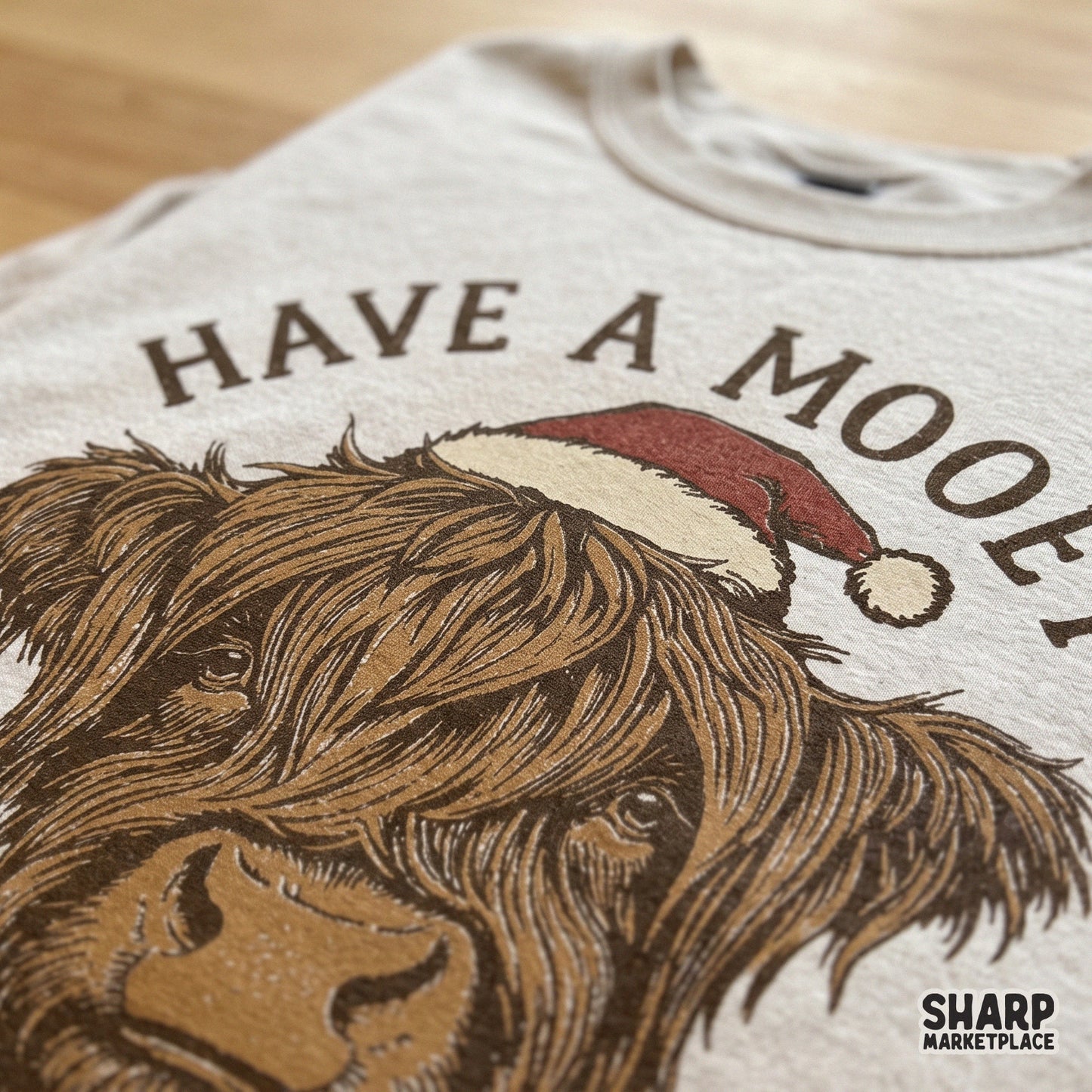 Retro highland cow wearing a Santa hat for funny Christmas sublimation designs and holiday t-shirts