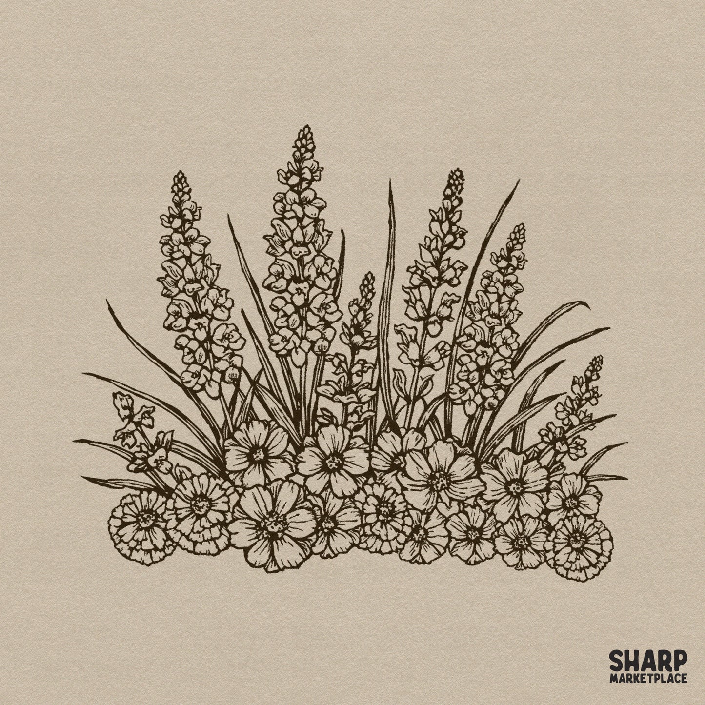 Vintage botanical wildflower bouquet sketch for spring sublimation shirts and retro floral wall art designs