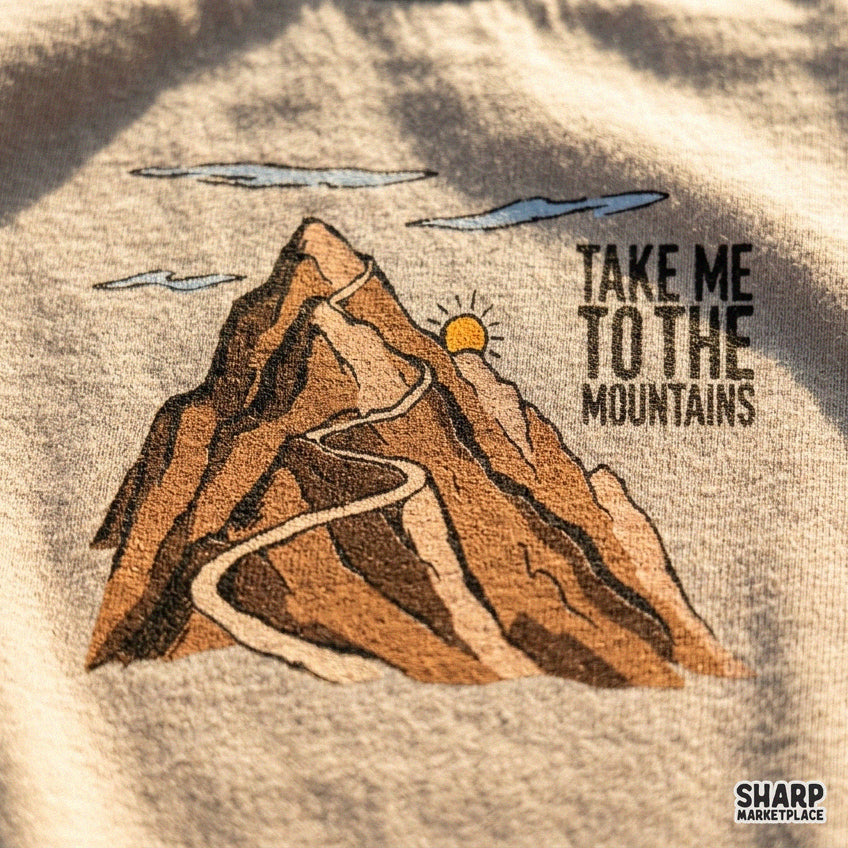 Hand drawn Take Me To The Mountains hiking design for retro outdoor adventure t-shirts and apparel