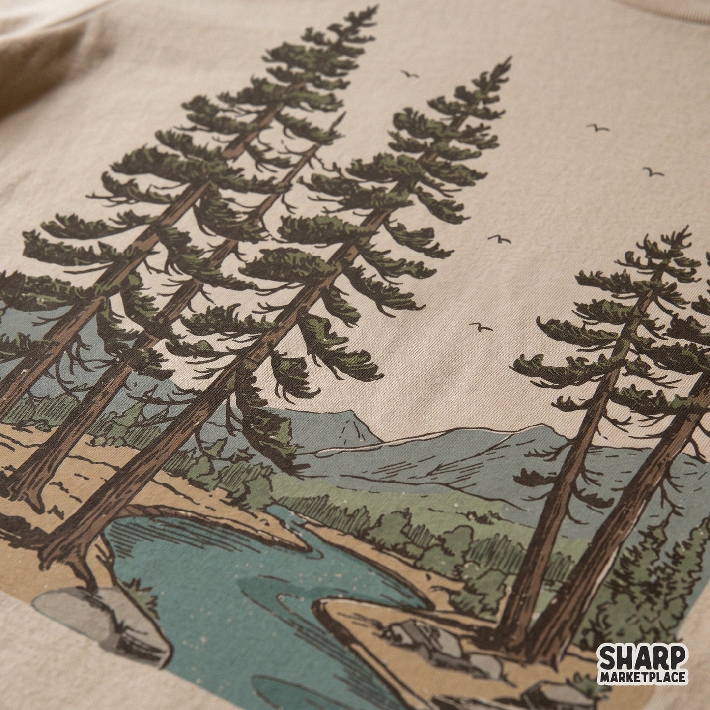 Vintage retro pine trees by the river mountain landscape sublimation png design for nature lover t-shirts