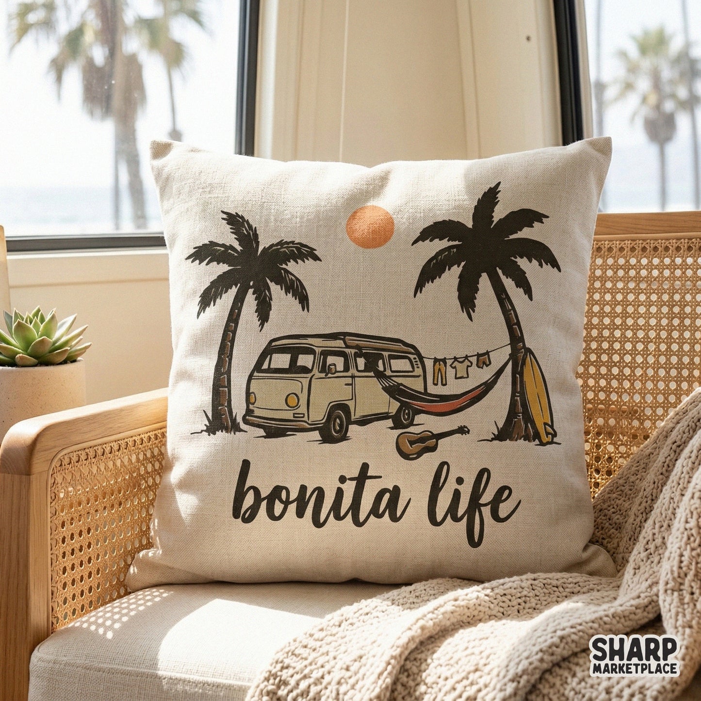 Trendy summer vacation design with a retro cream camper van and tropical palms, featuring the phrase Bonita Life for custom shirts and tumblers.