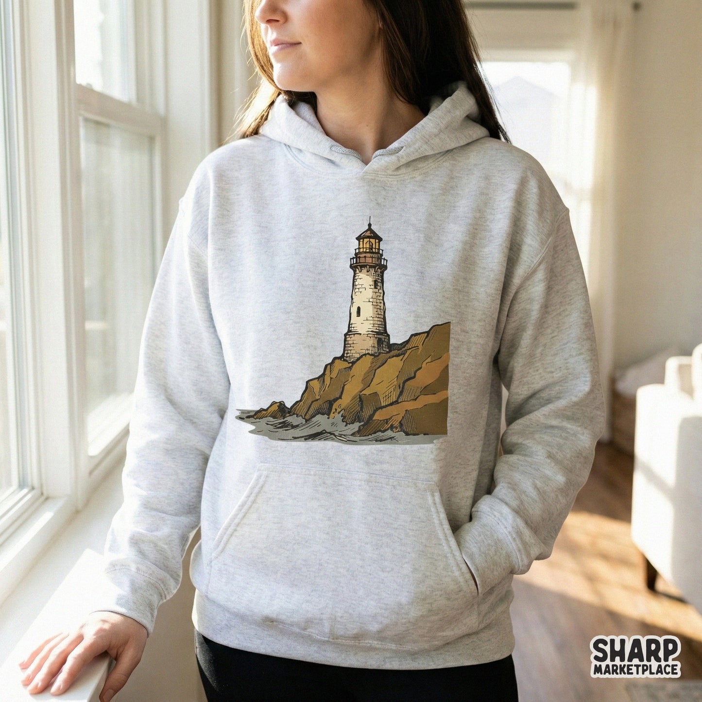 Lighthouse Coastal Art PNG, Nautical Cliff Illustration - 300 DPI Design