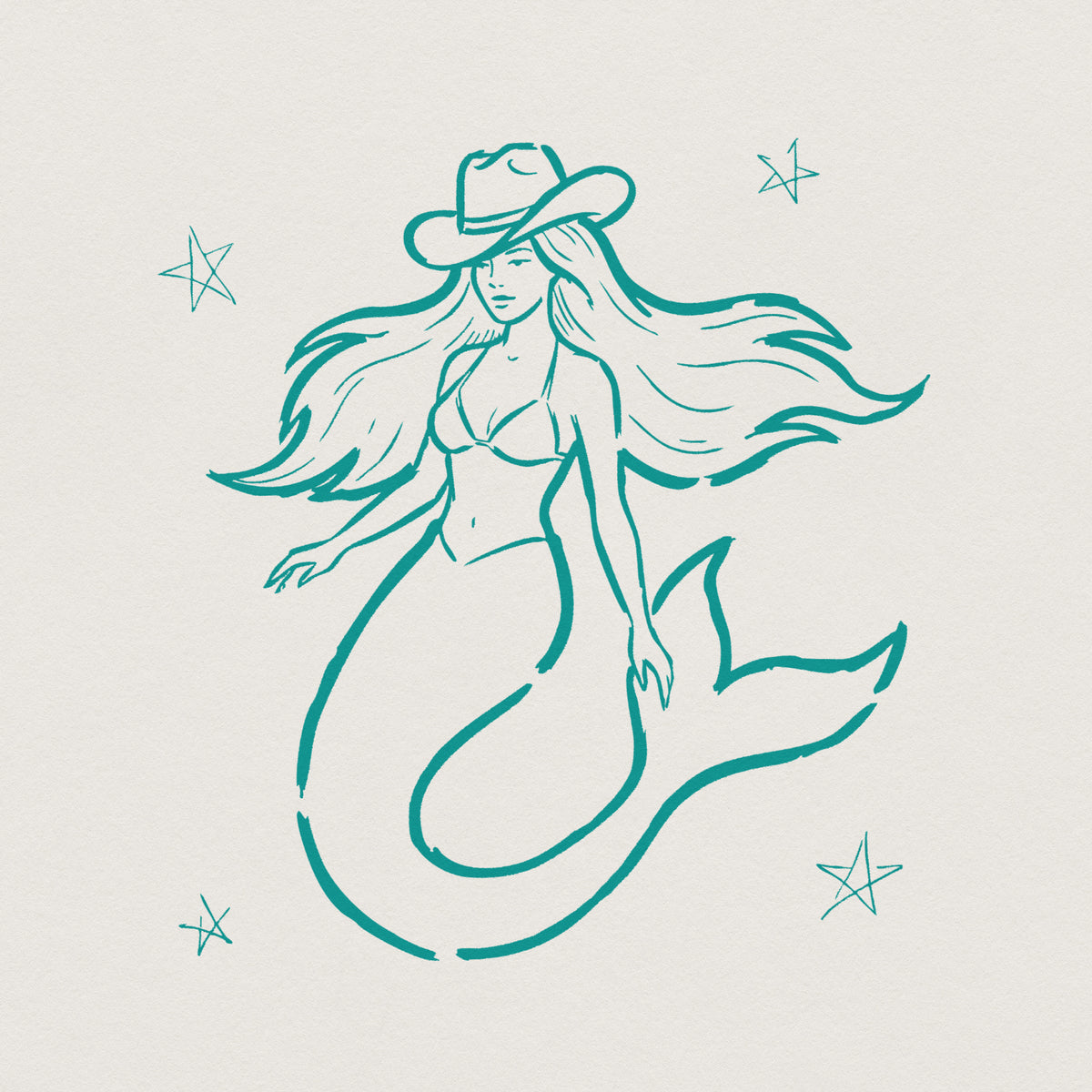 Teal line art of a mermaid wearing a cowgirl hat surrounded by stars, perfect for coastal western t-shirts, sublimation tumblers, and stickers.