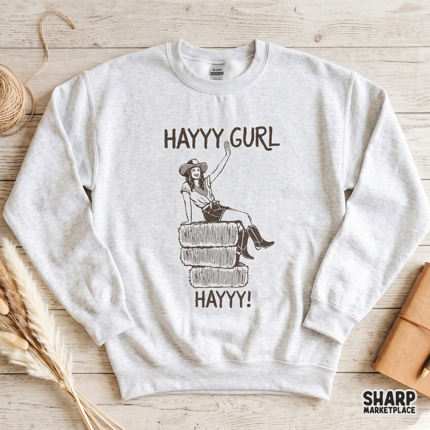 Vintage western cowgirl sitting on hay bales retro design for southern shirts and rodeo humor sublimation crafts