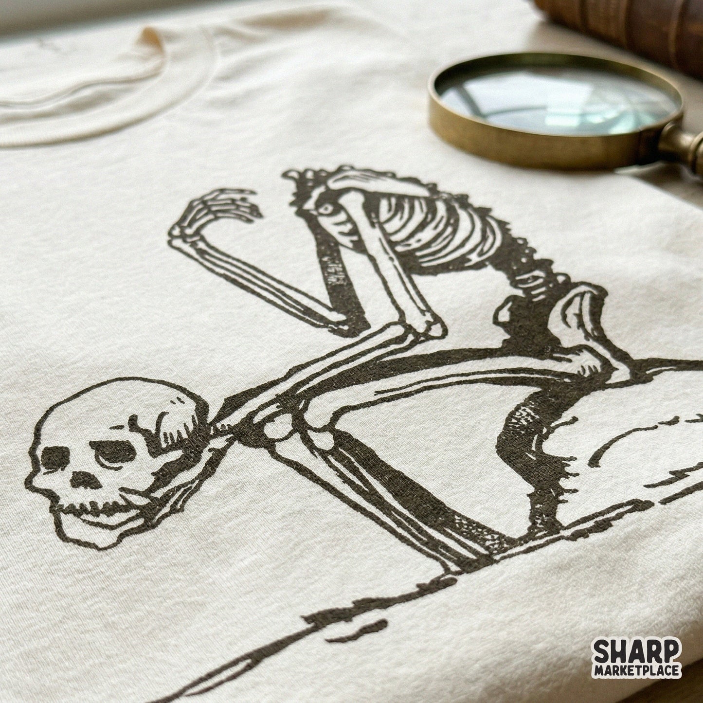 High-resolution black and white skeletal illustration for DIY projects, featuring a gothic figure in a thoughtful pose for stickers or wall art.