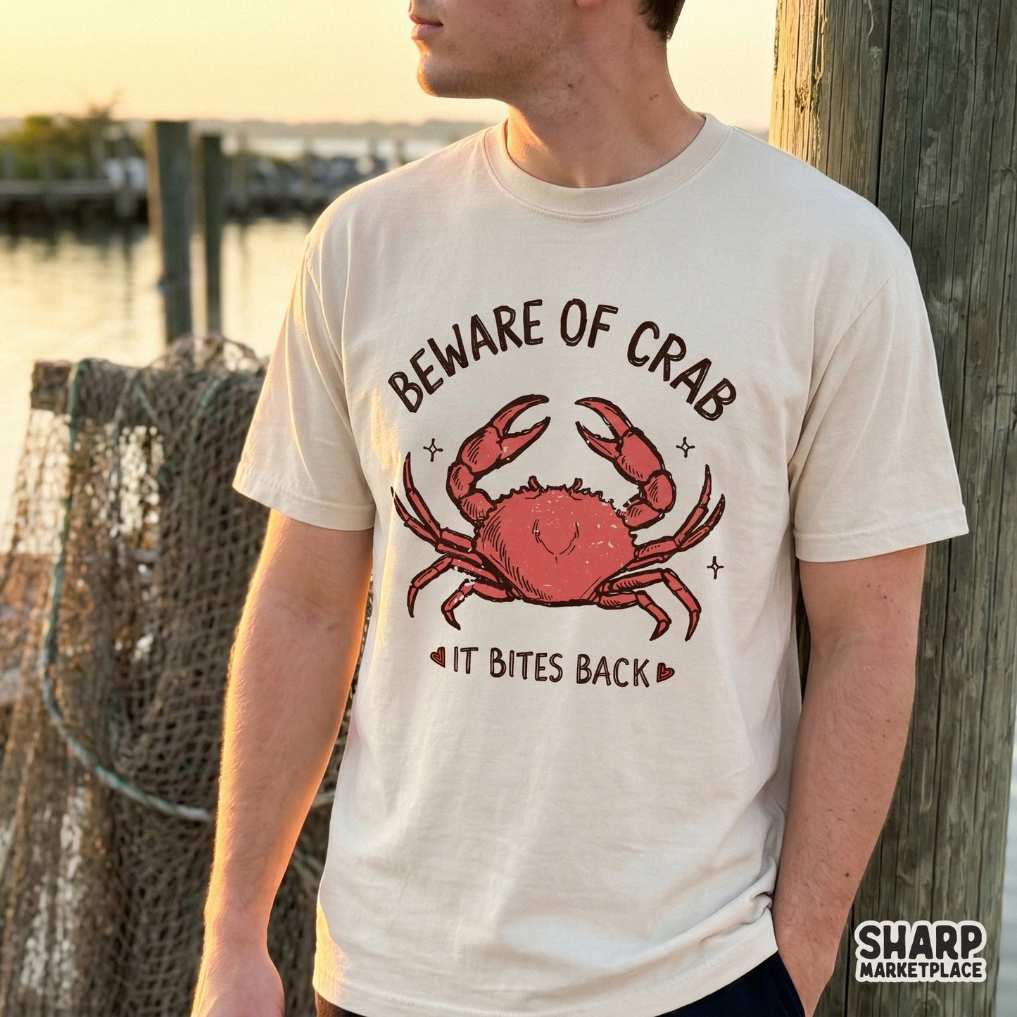 Vintage aesthetic red crab design with a funny warning phrase, designed for high-quality printing on apparel, stickers, and various summer merchandise.