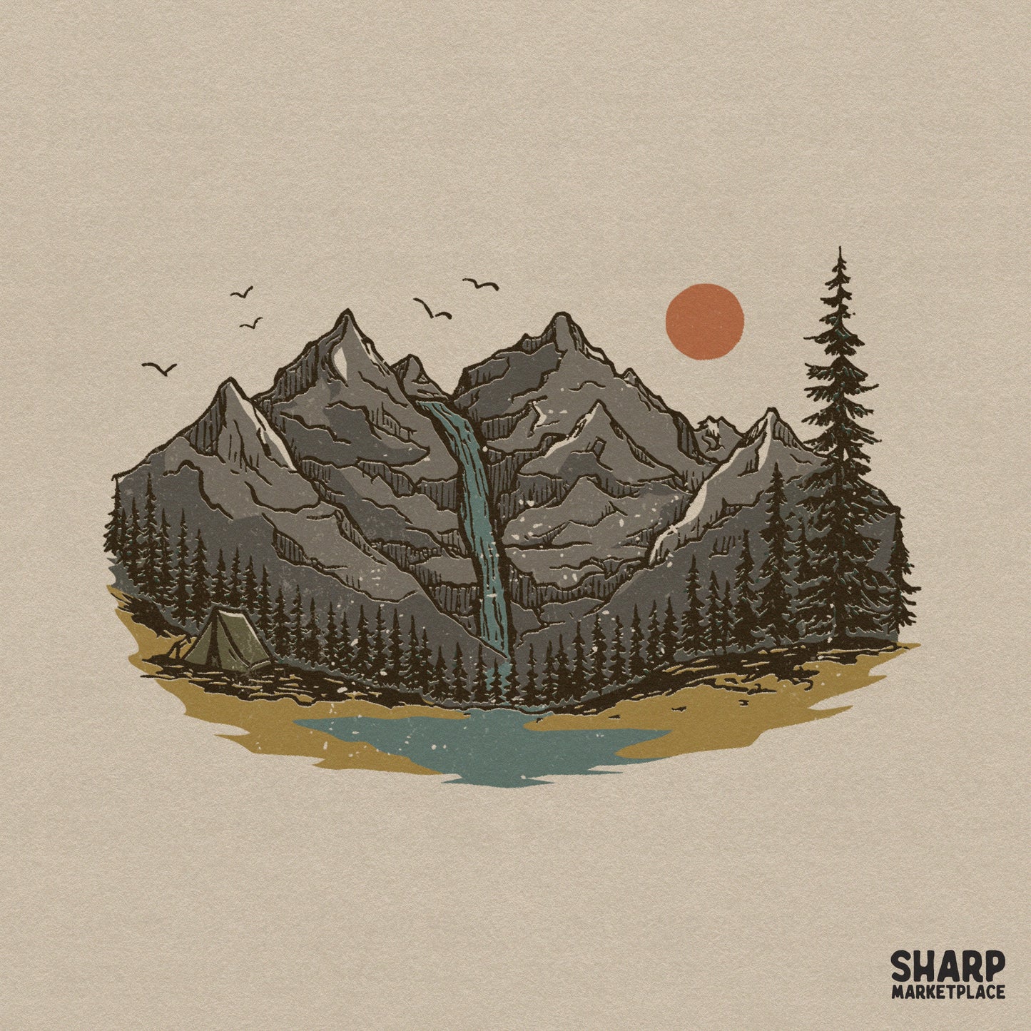 Vintage mountain landscape graphic with retro waterfall and tent for fall camping sublimation shirts and outdoors decor