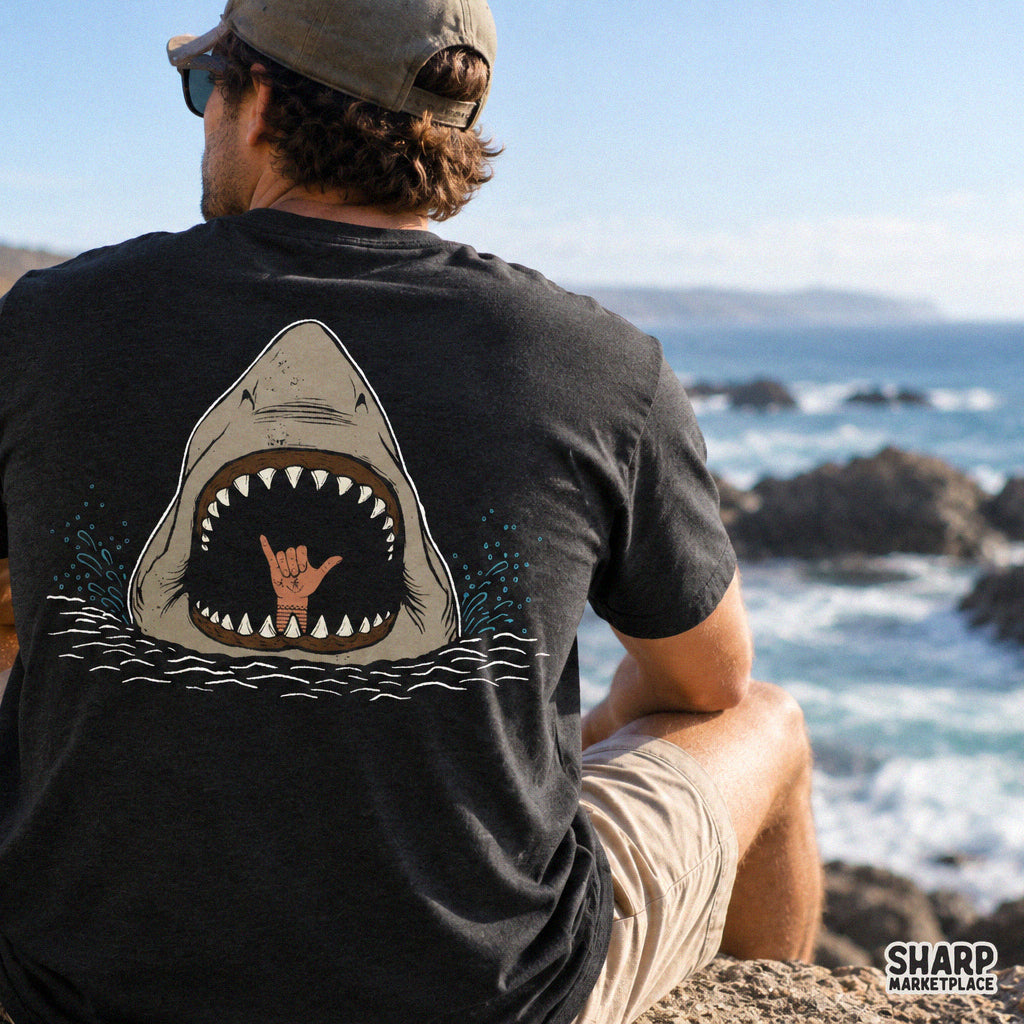 Funny great white shark giving a hang loose shaka hand sign for summer beach shirts and tumbler wrap sublimation designs