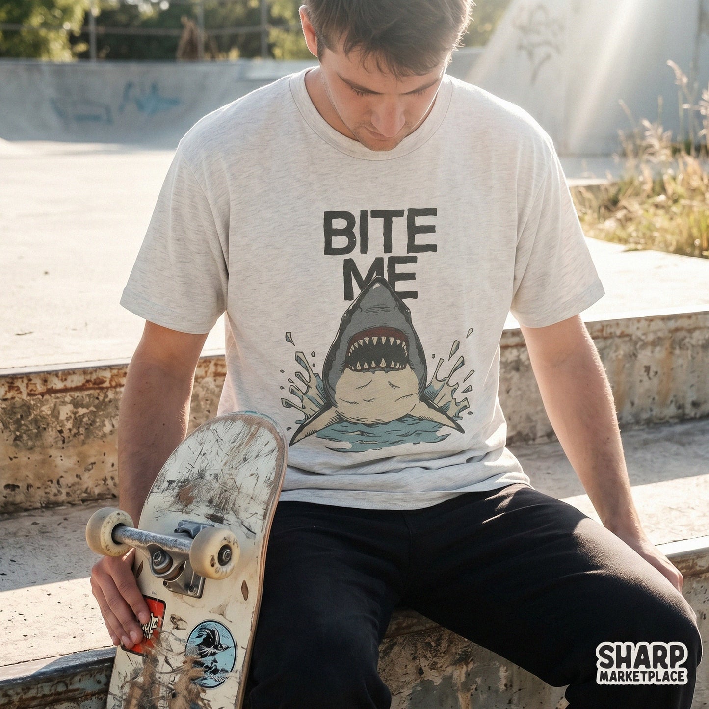 Bite Me funny shark graphic with sarcastic ocean humor retro beach sublimation png design