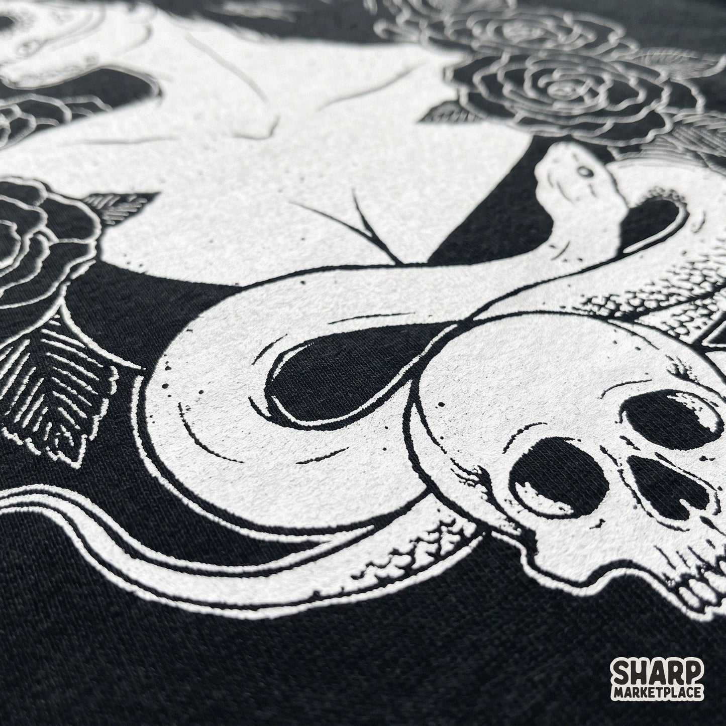 Gothic sugar skull woman with roses and snake horror tattoo art for Halloween shirts and spooky sublimation design