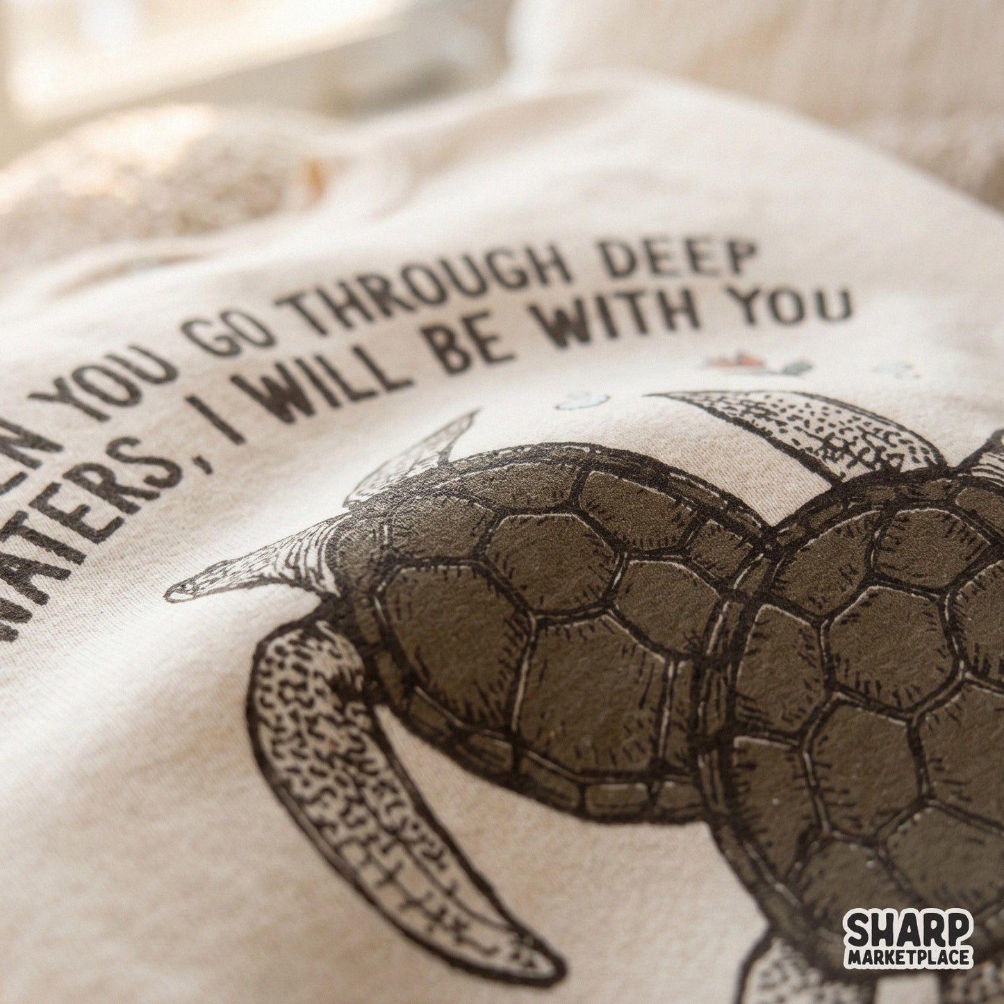 Christian sublimation design featuring a sea turtle and deep waters faith scripture for t-shirts
