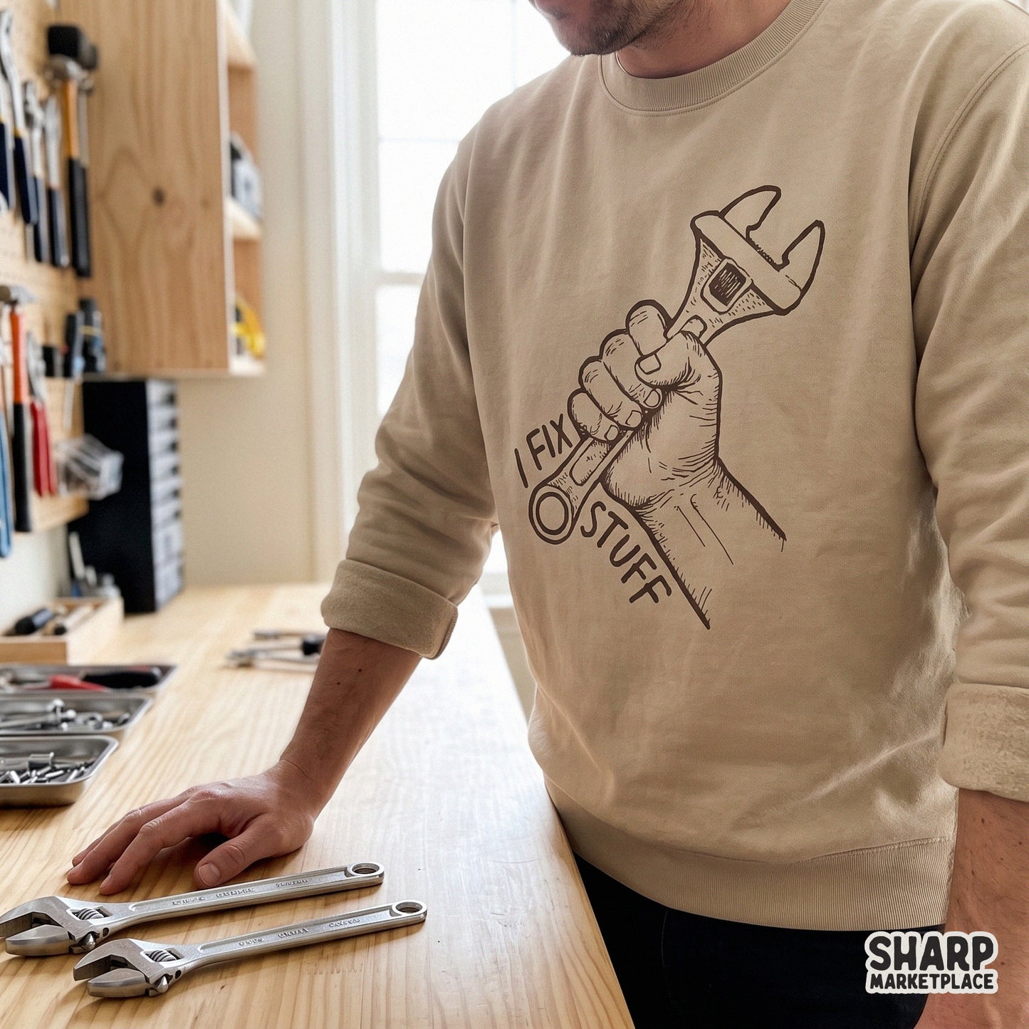 Retro wrench graphic with sarcastic I Fix Stuff text for a funny fathers day png shirt design or mechanic handyman gift