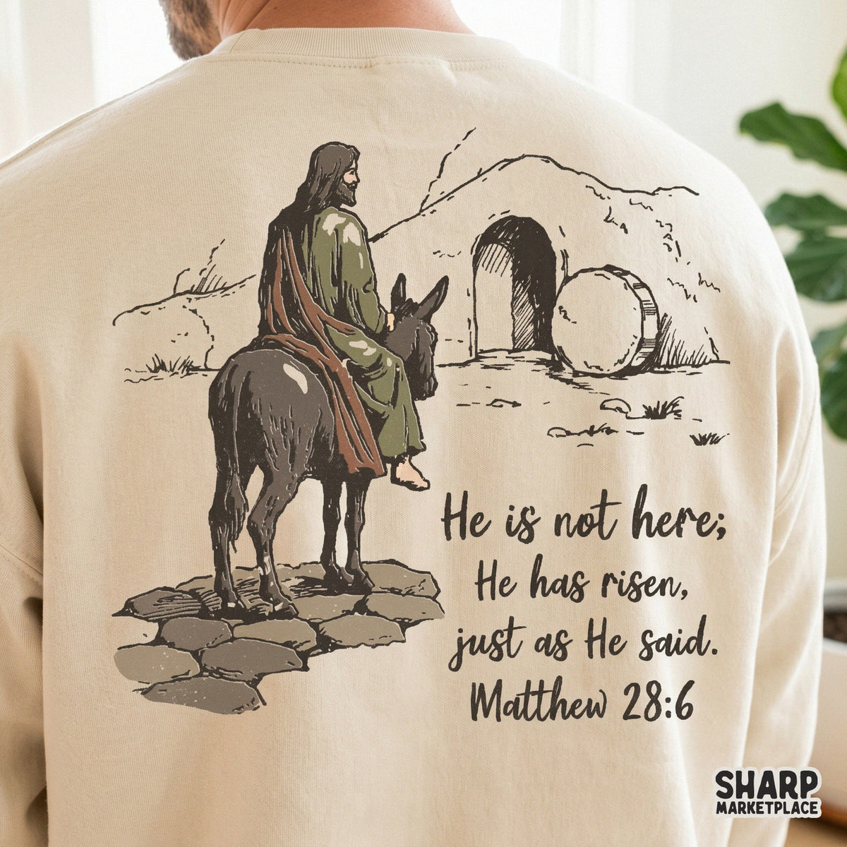 Sublimation design featuring a stone path, an empty tomb, and the scripture Matthew 28:6 in a handwritten script font for DIY religious crafts.
