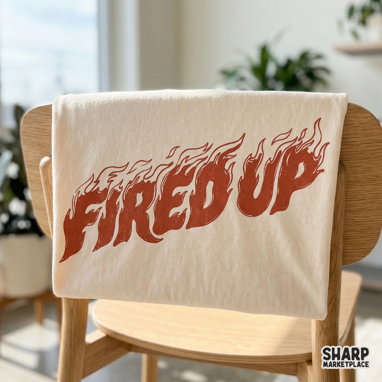 Bold Fired Up word art with jagged flame accents, a versatile digital graphic for print-on-demand apparel, tumblers, and modern wall decor.