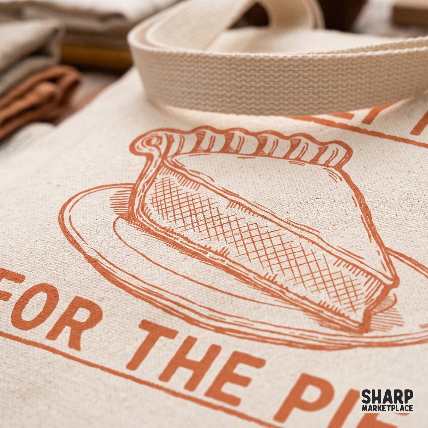 Retro pie slice illustration with snarky humor text reading I'm Only Here For The Pie for Thanksgiving shirt designs