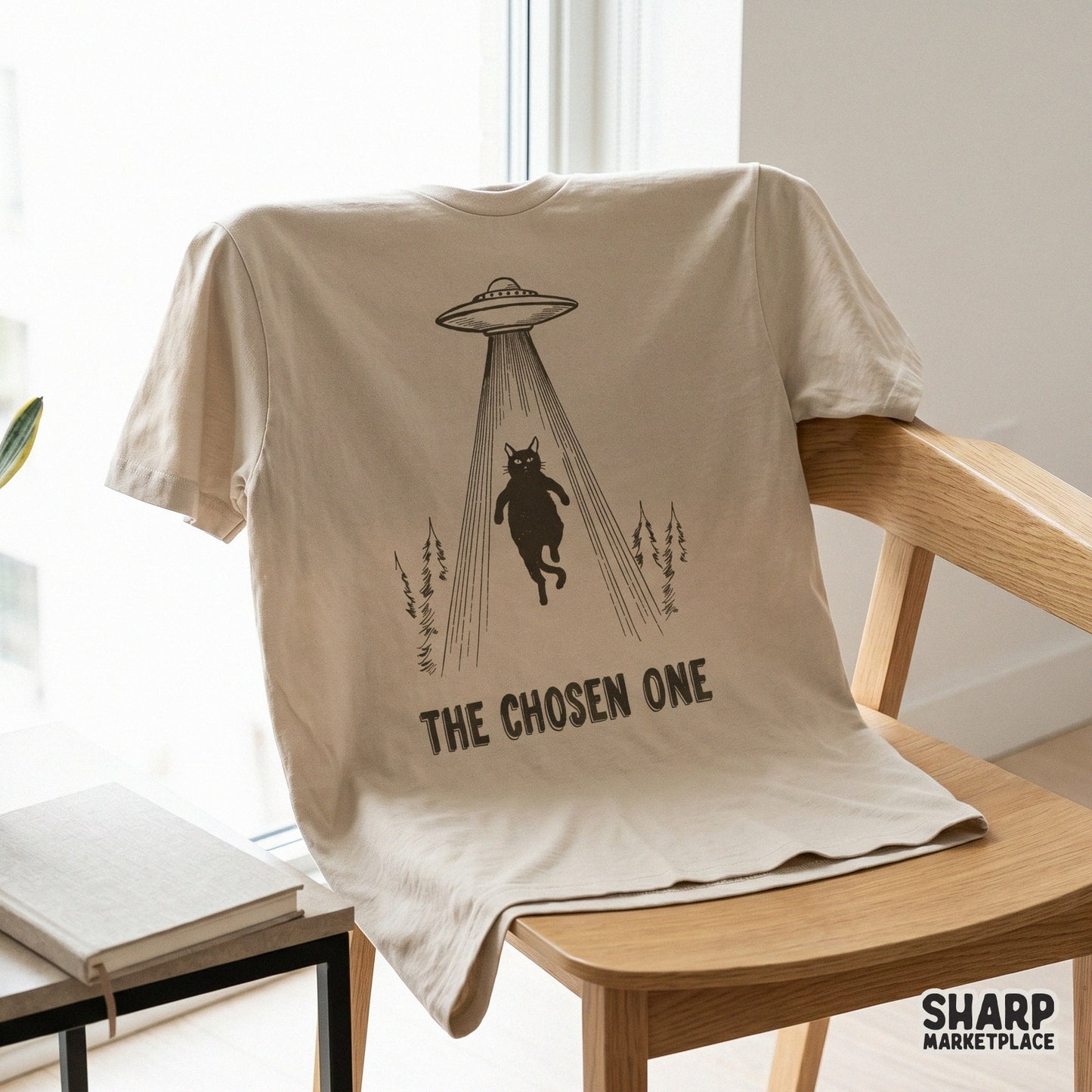 The Chosen One alien abduction black cat PNG for funny space UFO meme t-shirts and spooky Halloween apparel design