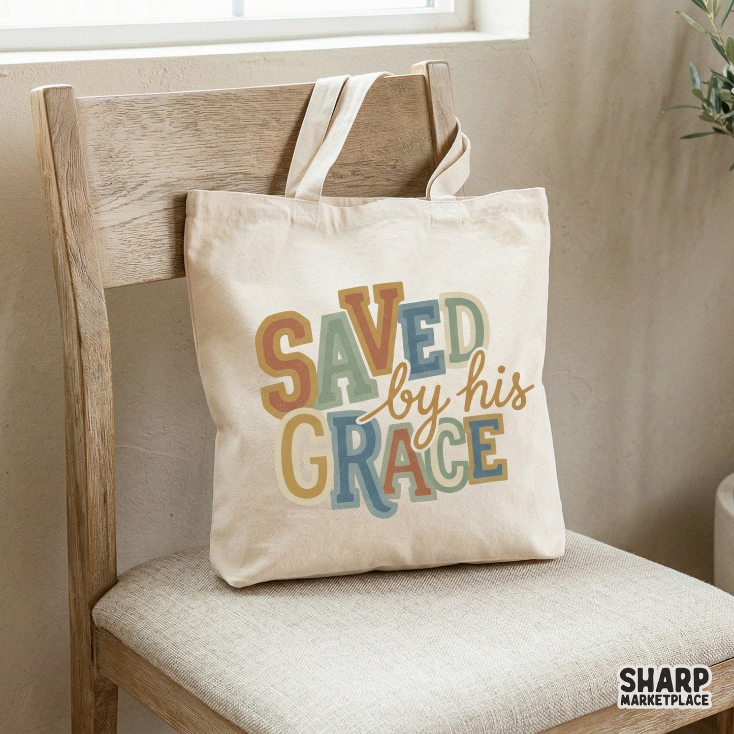 Inspirational religious quote design featuring Saved by his grace in trendy retro colors and fonts, suitable for stickers, tumblers, and wall art.