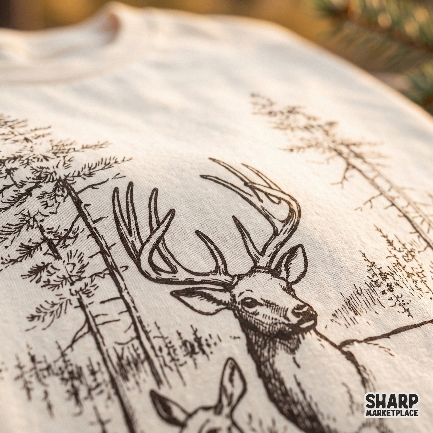 Vintage buck and doe deer nature sketch graphic for retro hunting sublimation designs and outdoor wildlife apparel