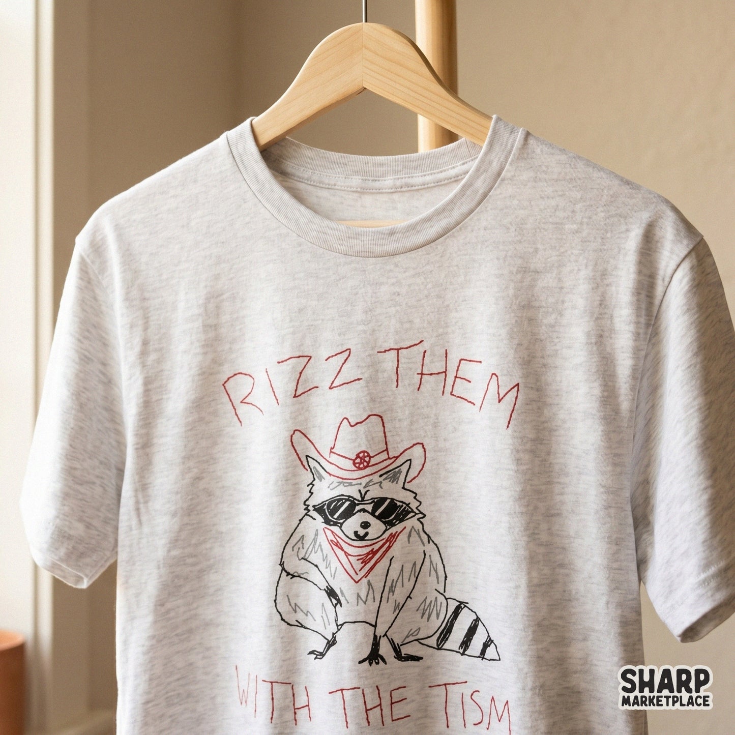 Playful neurodivergent humor graphic showing a raccoon cowboy with sunglasses and the text Rizz Them With The Tism, perfect for DIY craft projects.
