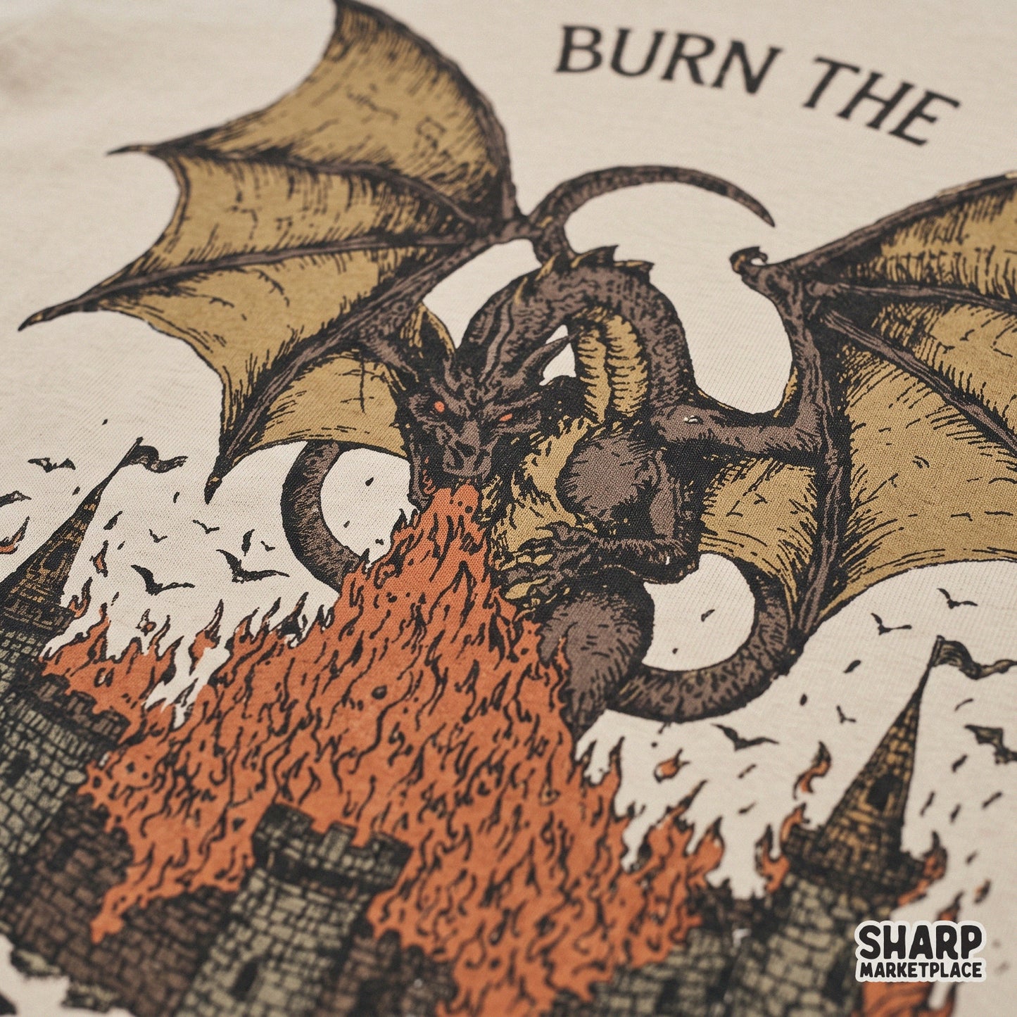Retro fantasy feminist dragon breathing fire on a castle sarcastic graphic for sublimation t-shirts and stickers