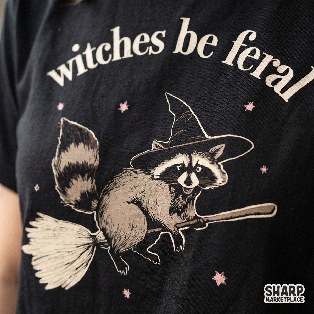 Witches Be Feral funny raccoon Halloween png featuring a cute retro witch trash panda riding a broom