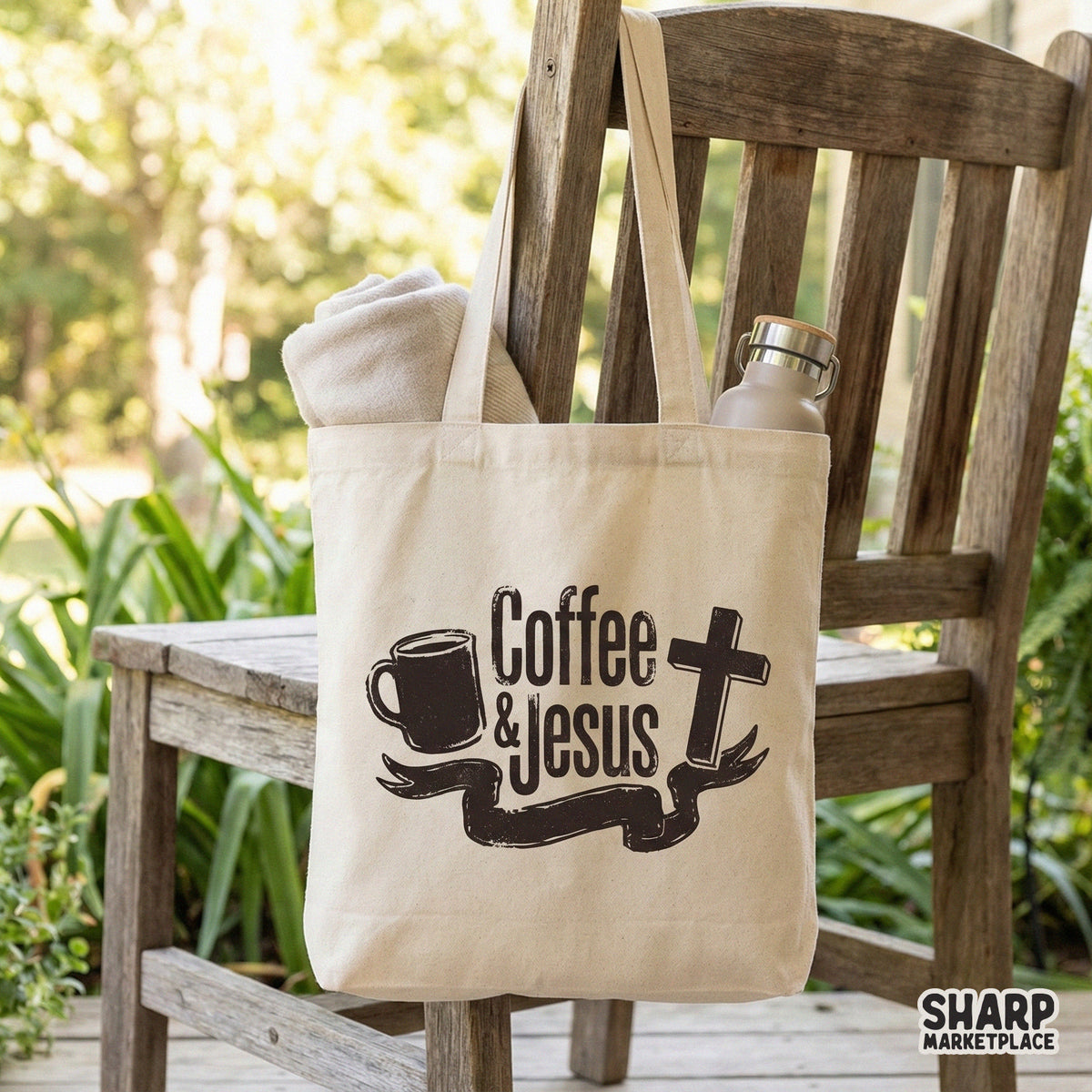 Monochromatic Coffee and Jesus design with a hand-drawn aesthetic, suitable for high-quality sublimation transfers and faith-themed DIY crafts.