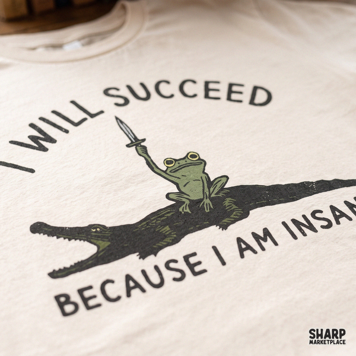 Funny insane frog riding an alligator retro PNG design for t-shirts and sarcastic animal meme prints