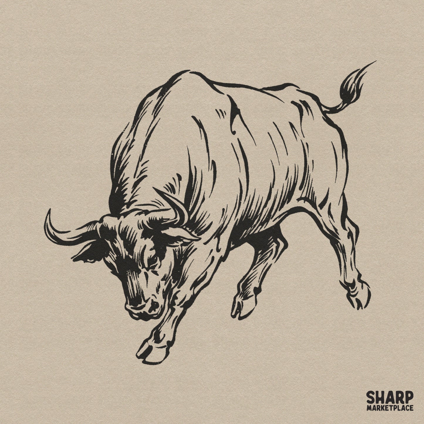 Vintage charging bull line art western cowboy sublimation design for retro Texas rodeo shirts and ranch life apparel