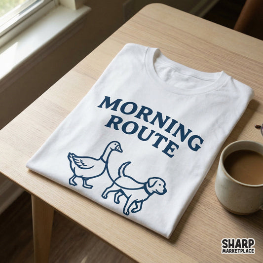 Morning Route PNG, Funny Goose and Dog Walking Shirt Design - 300 DPI